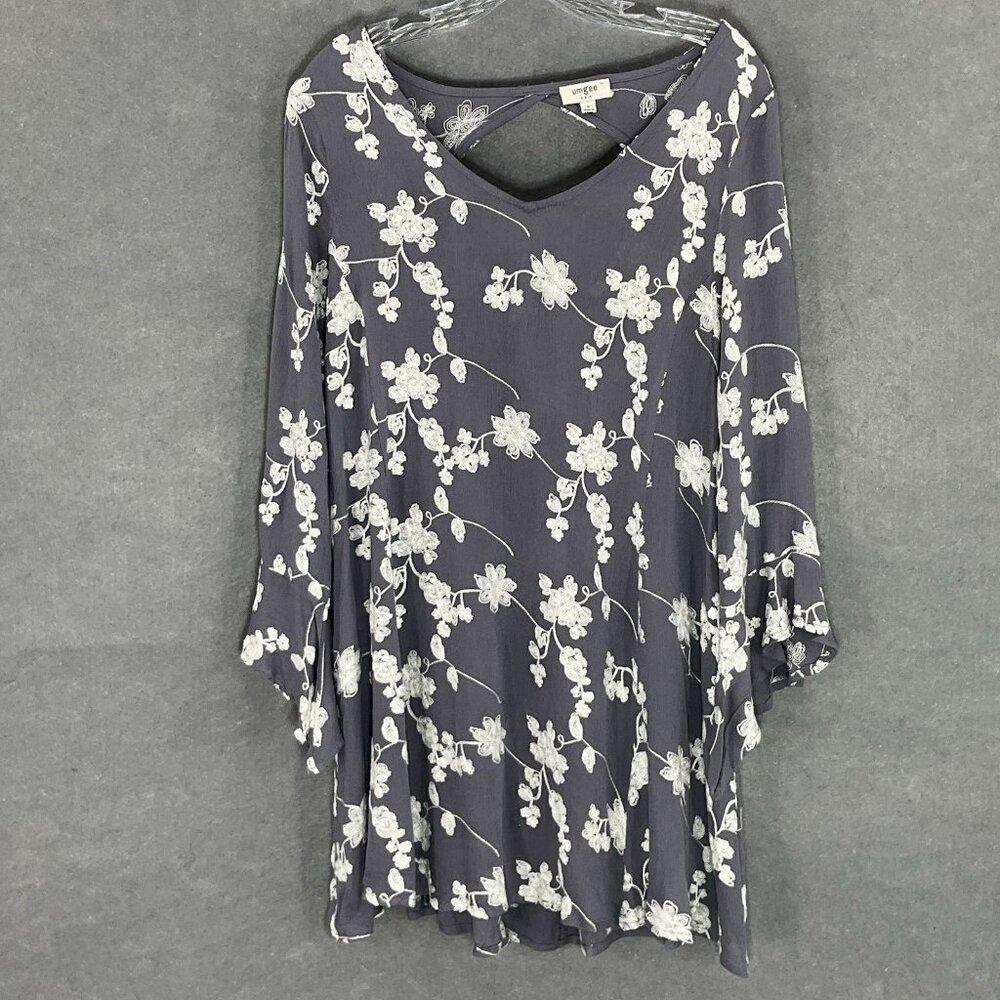 Umgee Dress Women Sz S Gray Floral Embroidery Cut Out Flowy Flare Slit Sleeves